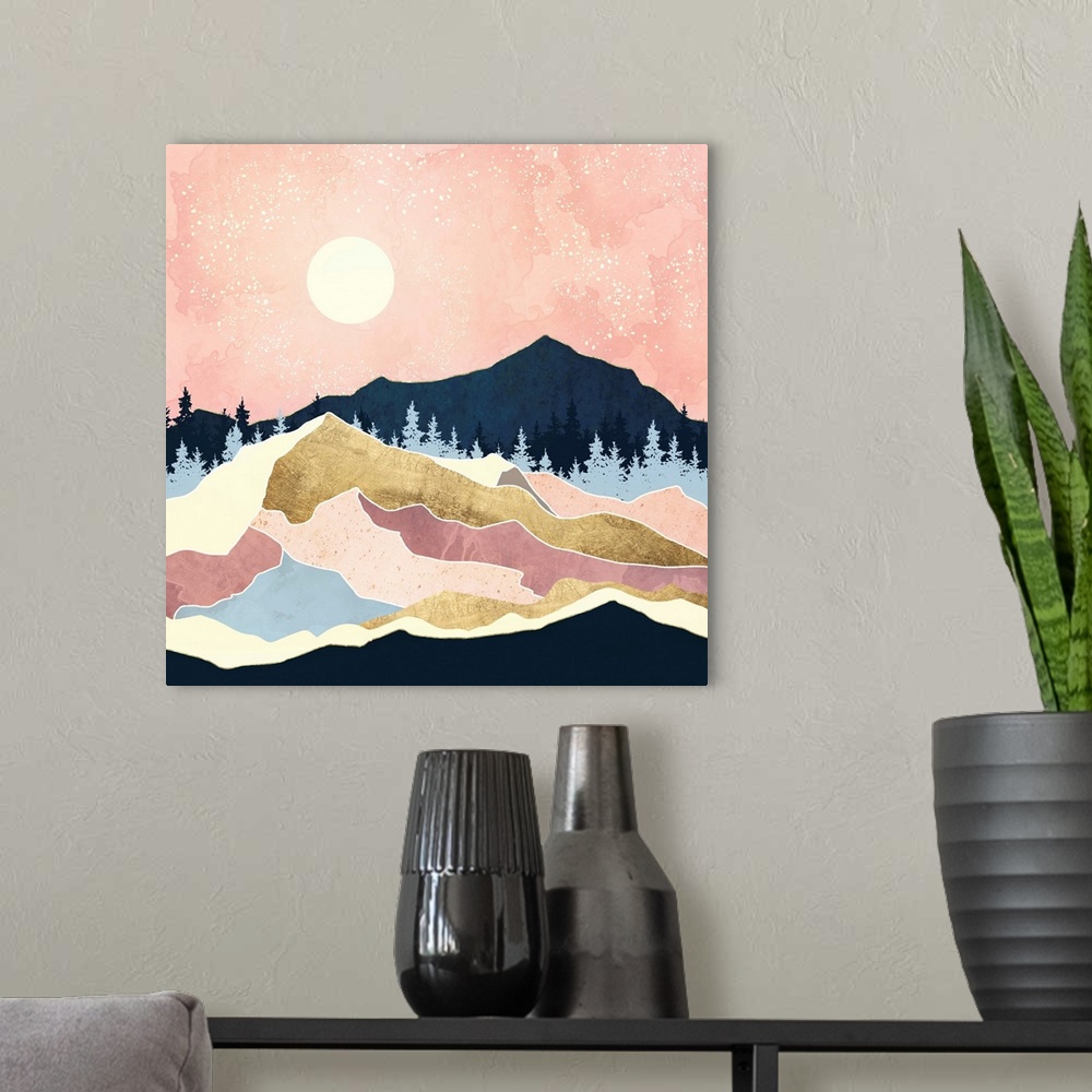 A modern room featuring Abstract depiction of a landscape with mountains, gold, trees, blue, coral and pink.