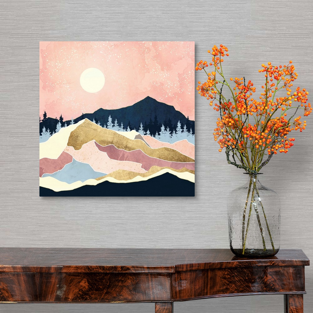 A traditional room featuring Abstract depiction of a landscape with mountains, gold, trees, blue, coral and pink.