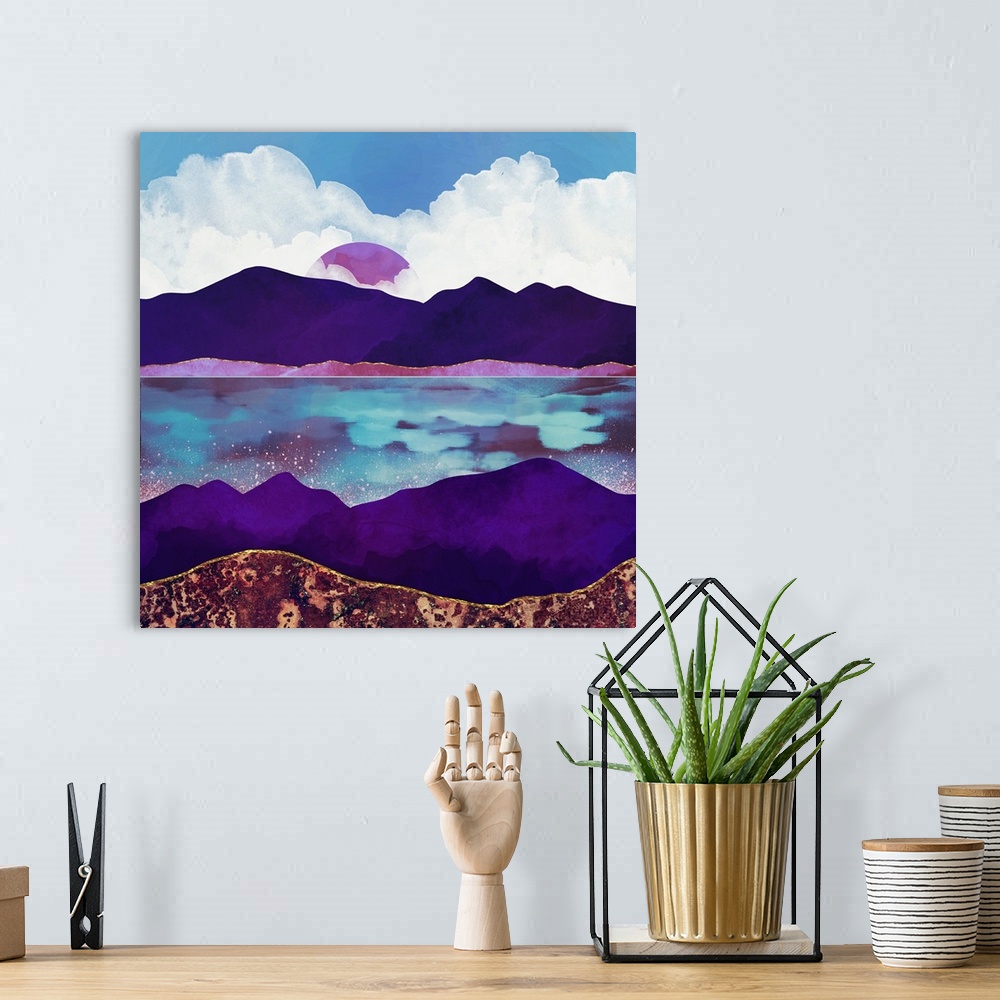 A bohemian room featuring Abstract depiction of a landscape with mountains, sea, purple, blue and clouds.