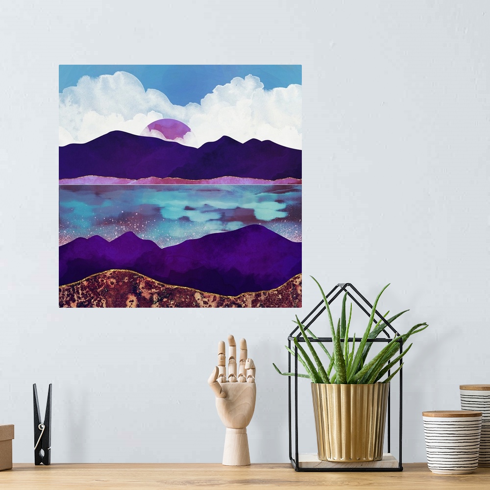 A bohemian room featuring Abstract depiction of a landscape with mountains, sea, purple, blue and clouds.