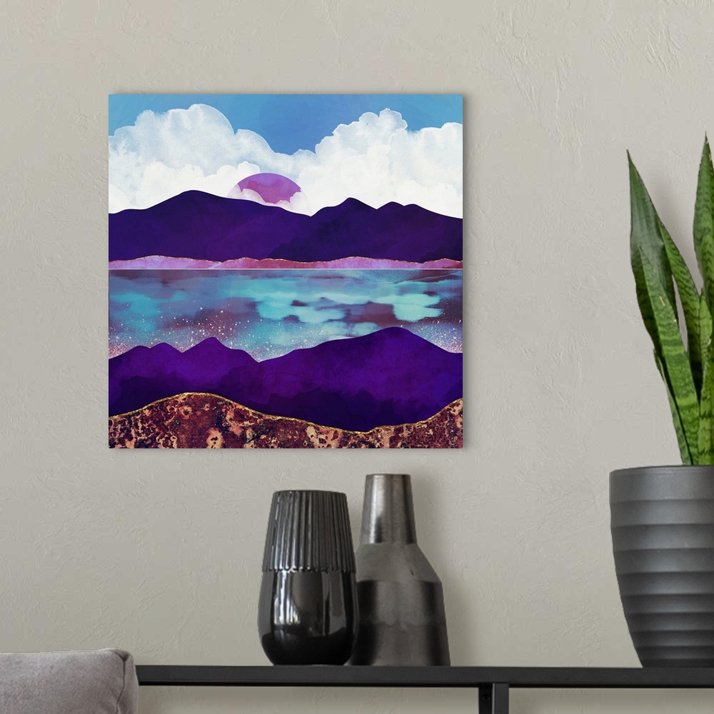 A modern room featuring Abstract depiction of a landscape with mountains, sea, purple, blue and clouds.