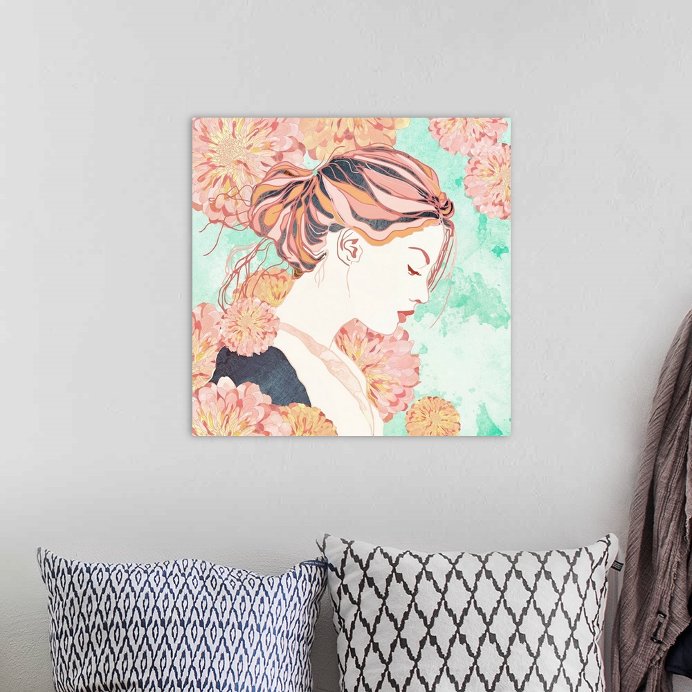 A bohemian room featuring Abstract depiction of a day dream with flowers, pink, mint and female.