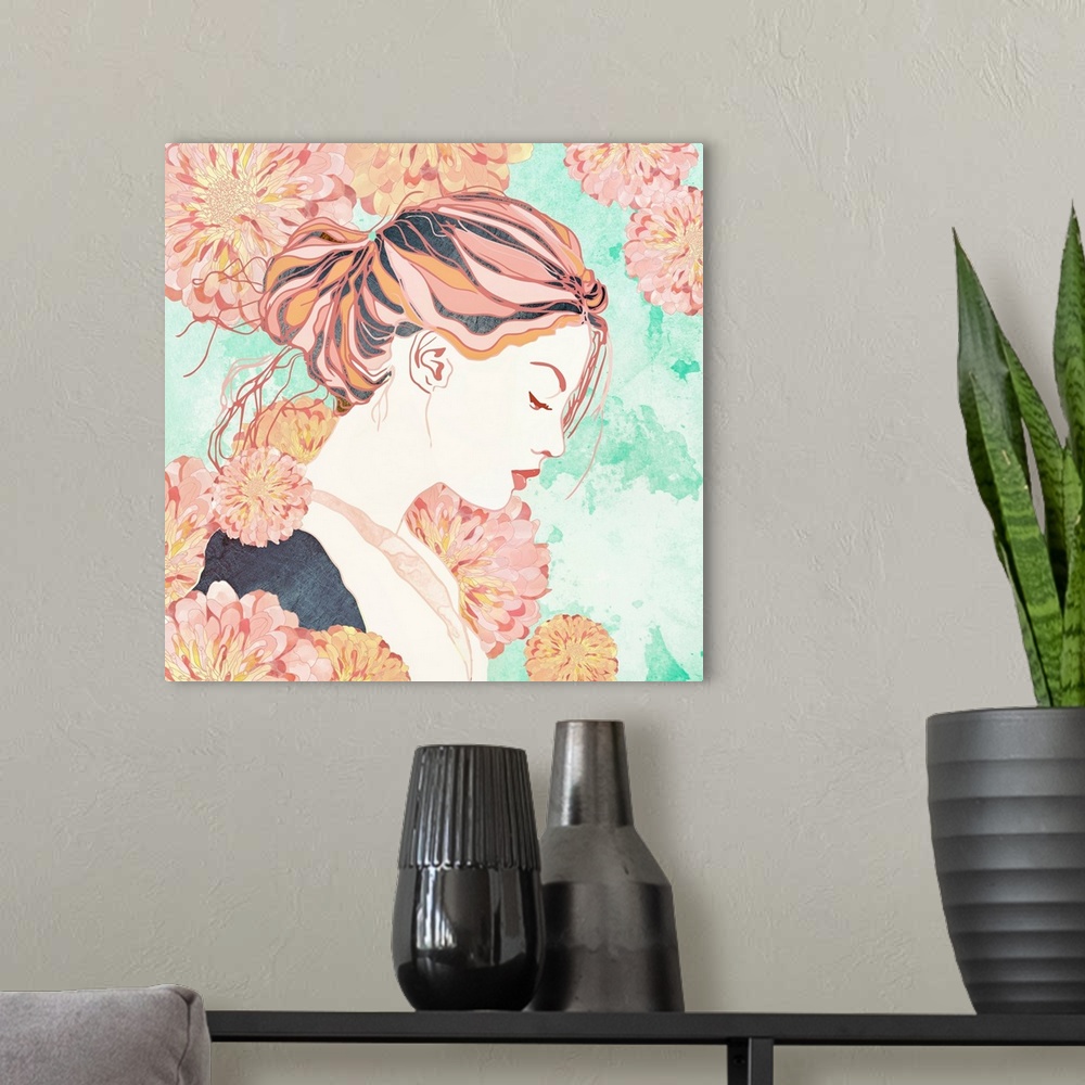 A modern room featuring Abstract depiction of a day dream with flowers, pink, mint and female.