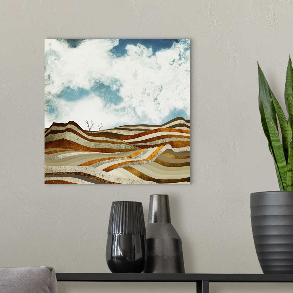 A modern room featuring Abstract depiction of a desert scene with bronze, gold, textures and blue sky.