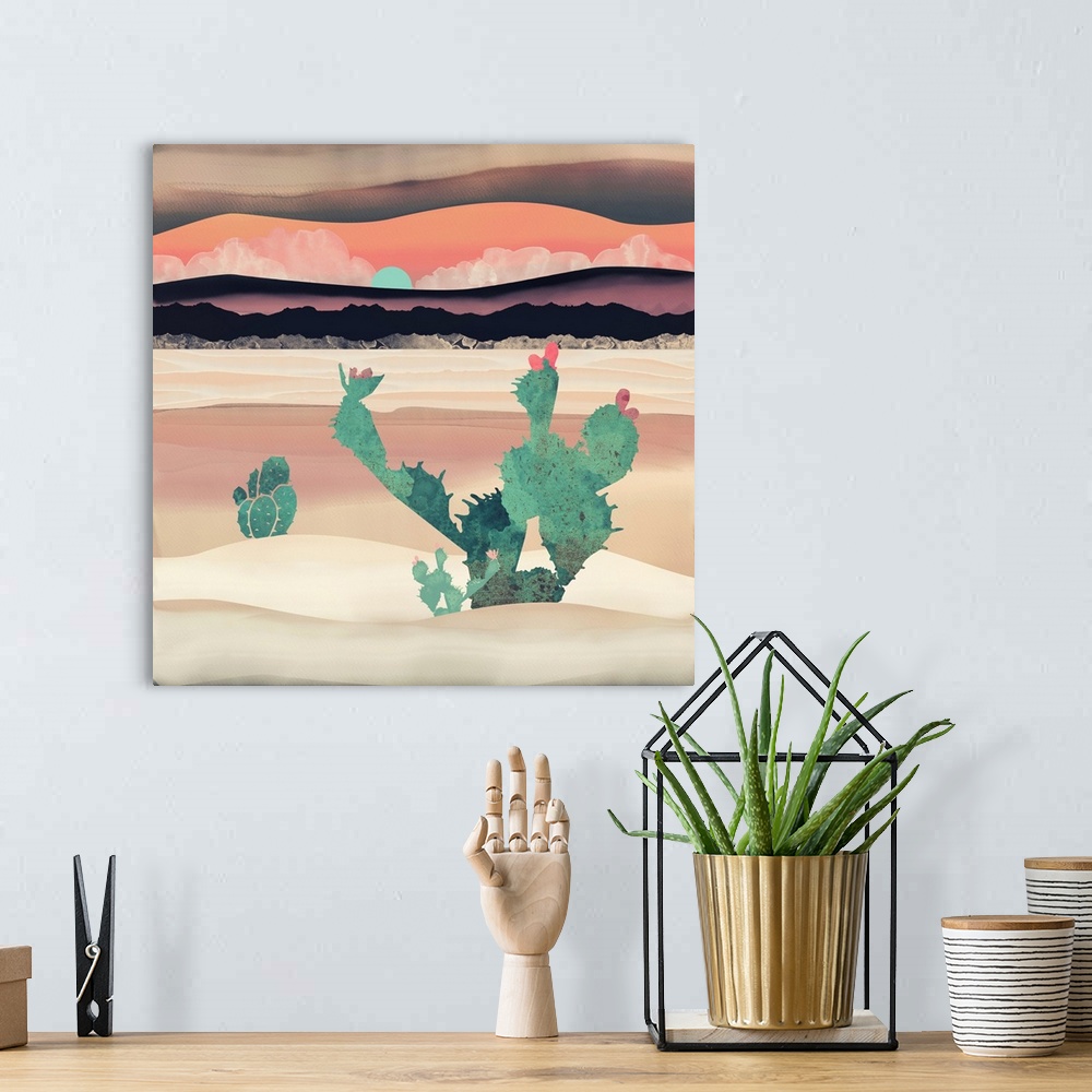 A bohemian room featuring Abstract depiction of a desert dawn with cactus, dunes, mountains and pink.