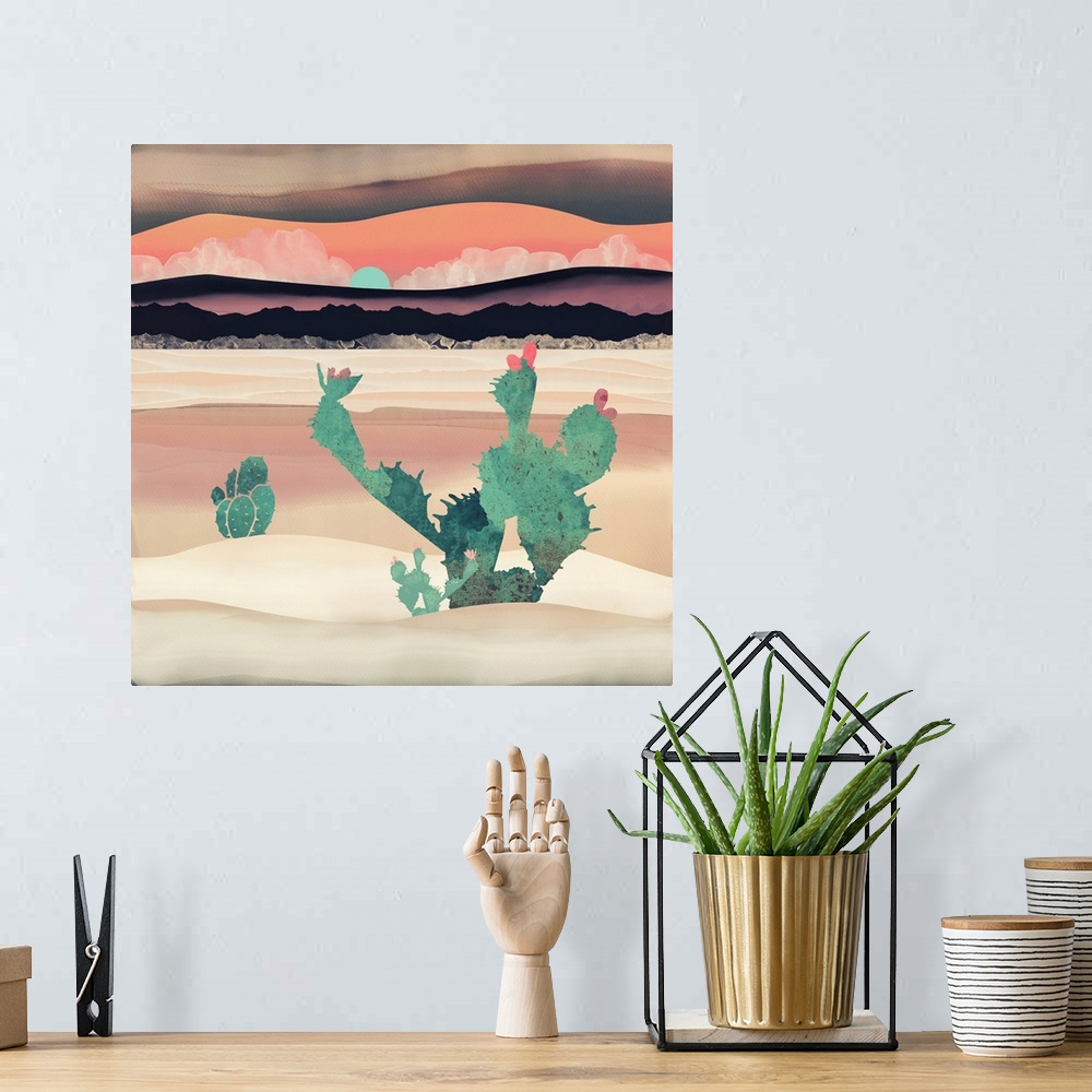 A bohemian room featuring Abstract depiction of a desert dawn with cactus, dunes, mountains and pink.