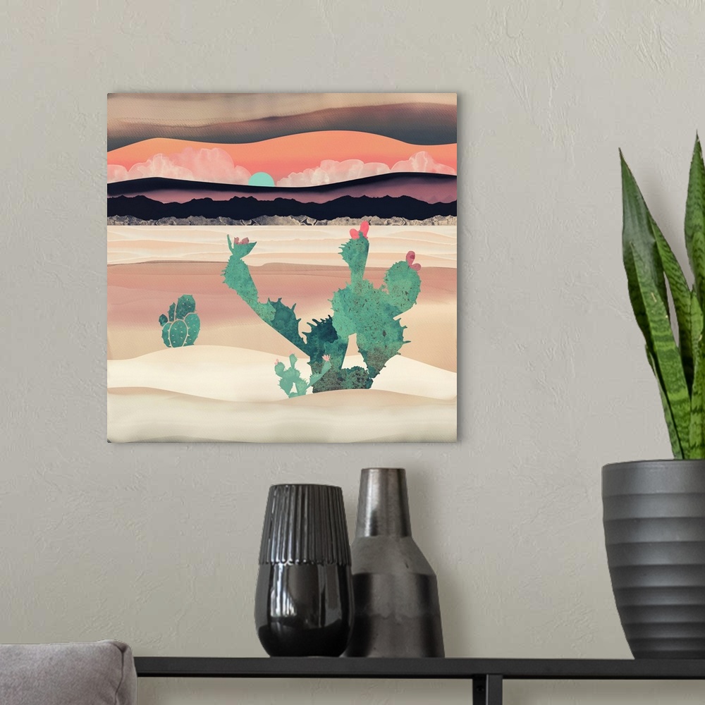 A modern room featuring Abstract depiction of a desert dawn with cactus, dunes, mountains and pink.