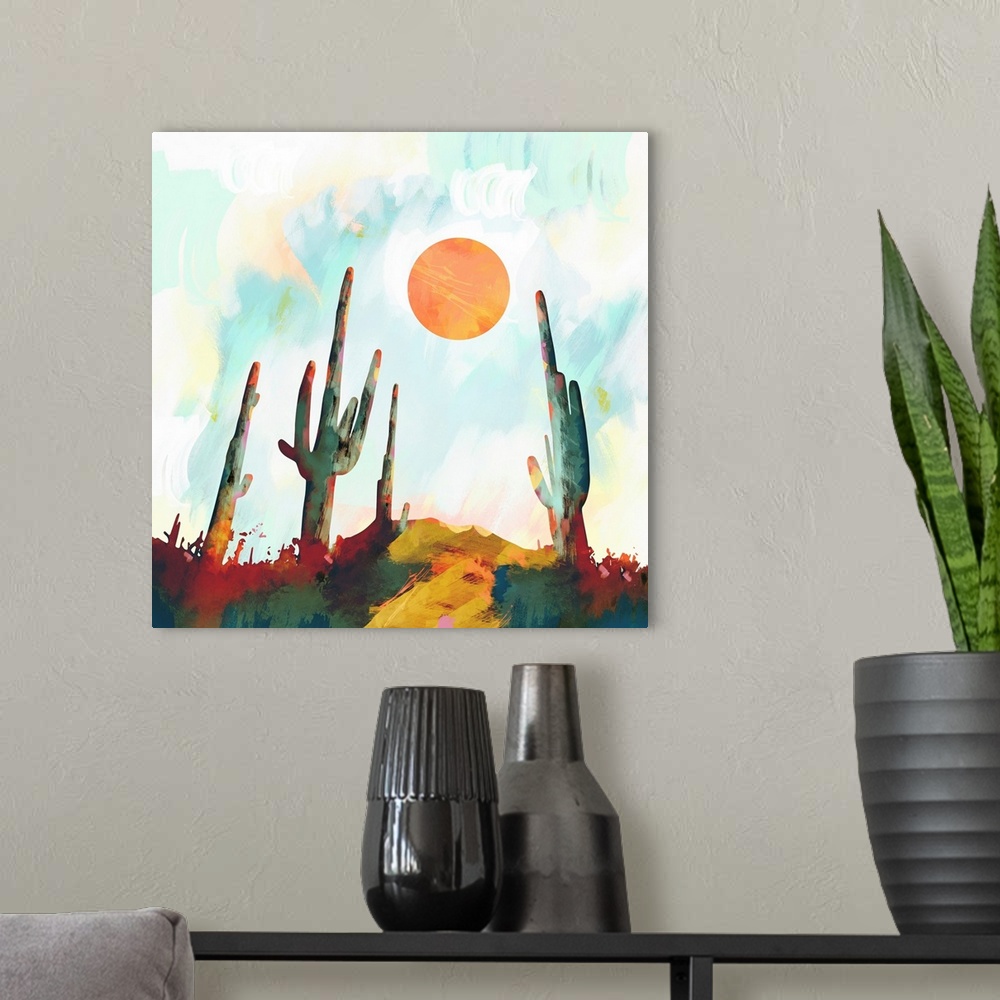 A modern room featuring Abstract depiction of a desert landscape with cactus, sun, blue and orange.