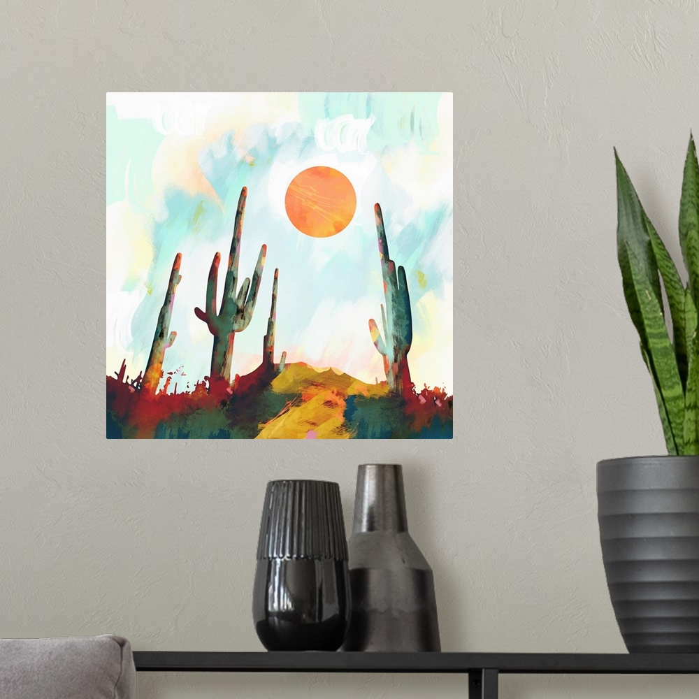 A modern room featuring Abstract depiction of a desert landscape with cactus, sun, blue and orange.