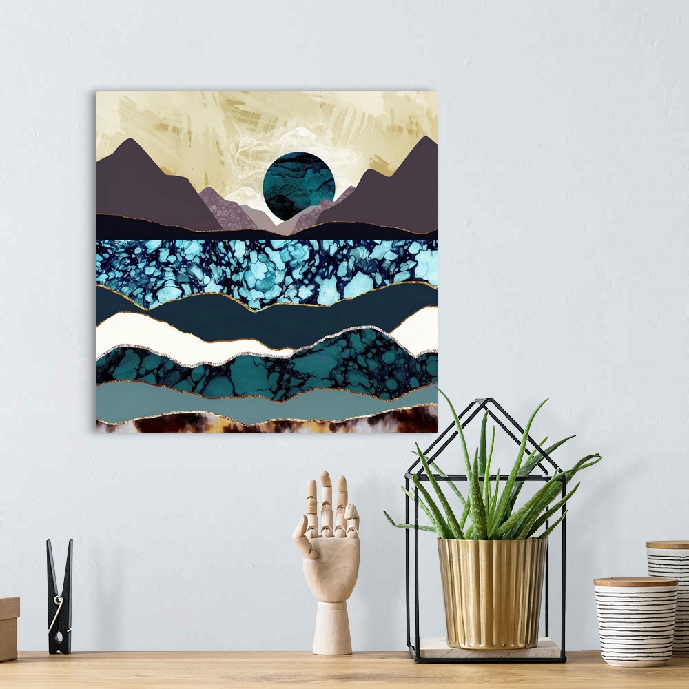 A bohemian room featuring Abstract depiction of a desert lake landscape with mountains, blue, mauve and gold.
