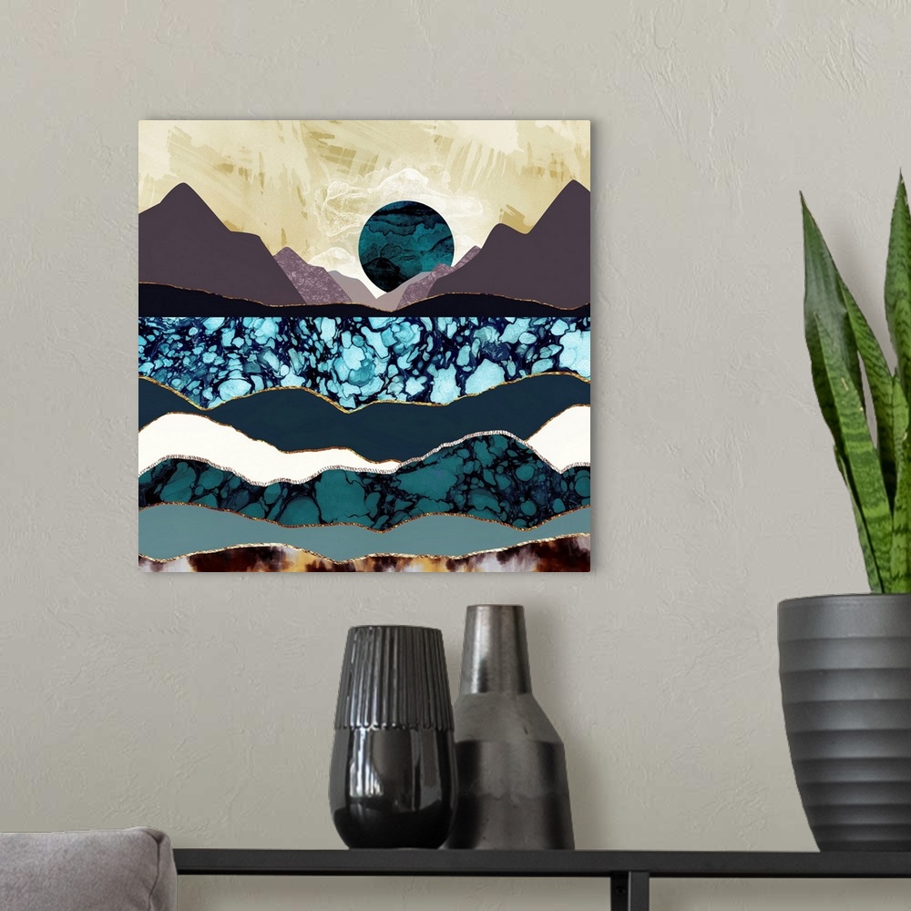 A modern room featuring Abstract depiction of a desert lake landscape with mountains, blue, mauve and gold.