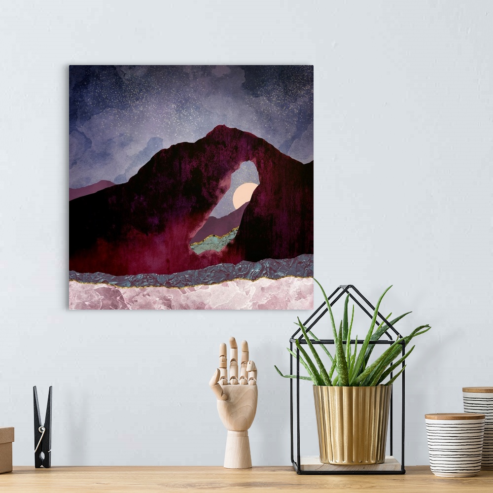 A bohemian room featuring Abstract depiction of a desert perspective landscape with purple, mauve and pink.