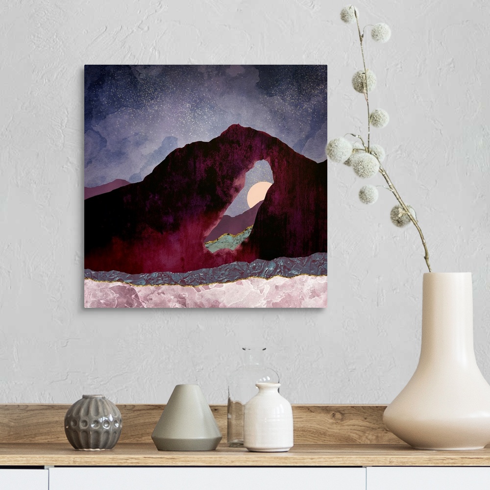 A farmhouse room featuring Abstract depiction of a desert perspective landscape with purple, mauve and pink.