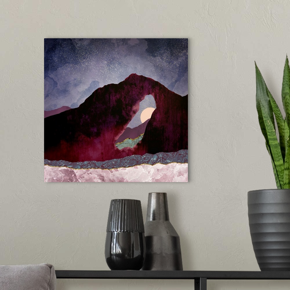 A modern room featuring Abstract depiction of a desert perspective landscape with purple, mauve and pink.