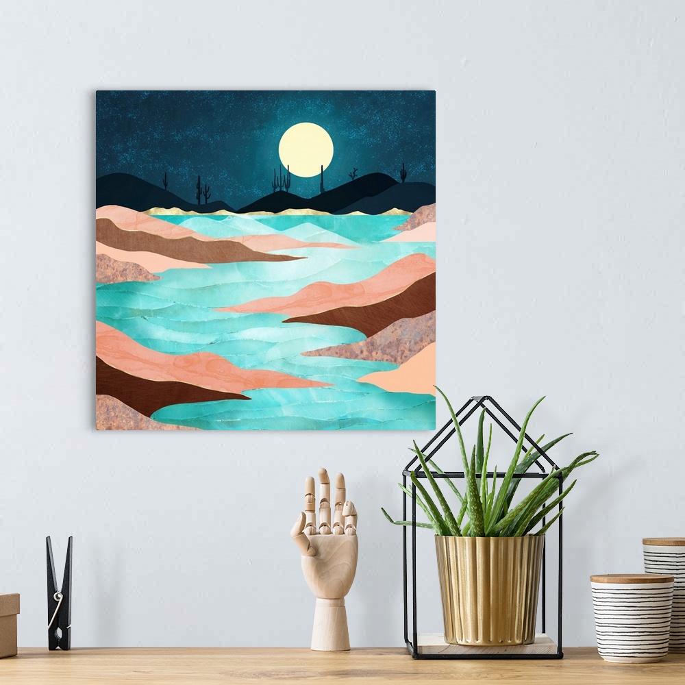A bohemian room featuring Abstract desert reservoir landscape with stars, cacti, mountains, gold, brown, pink and water.