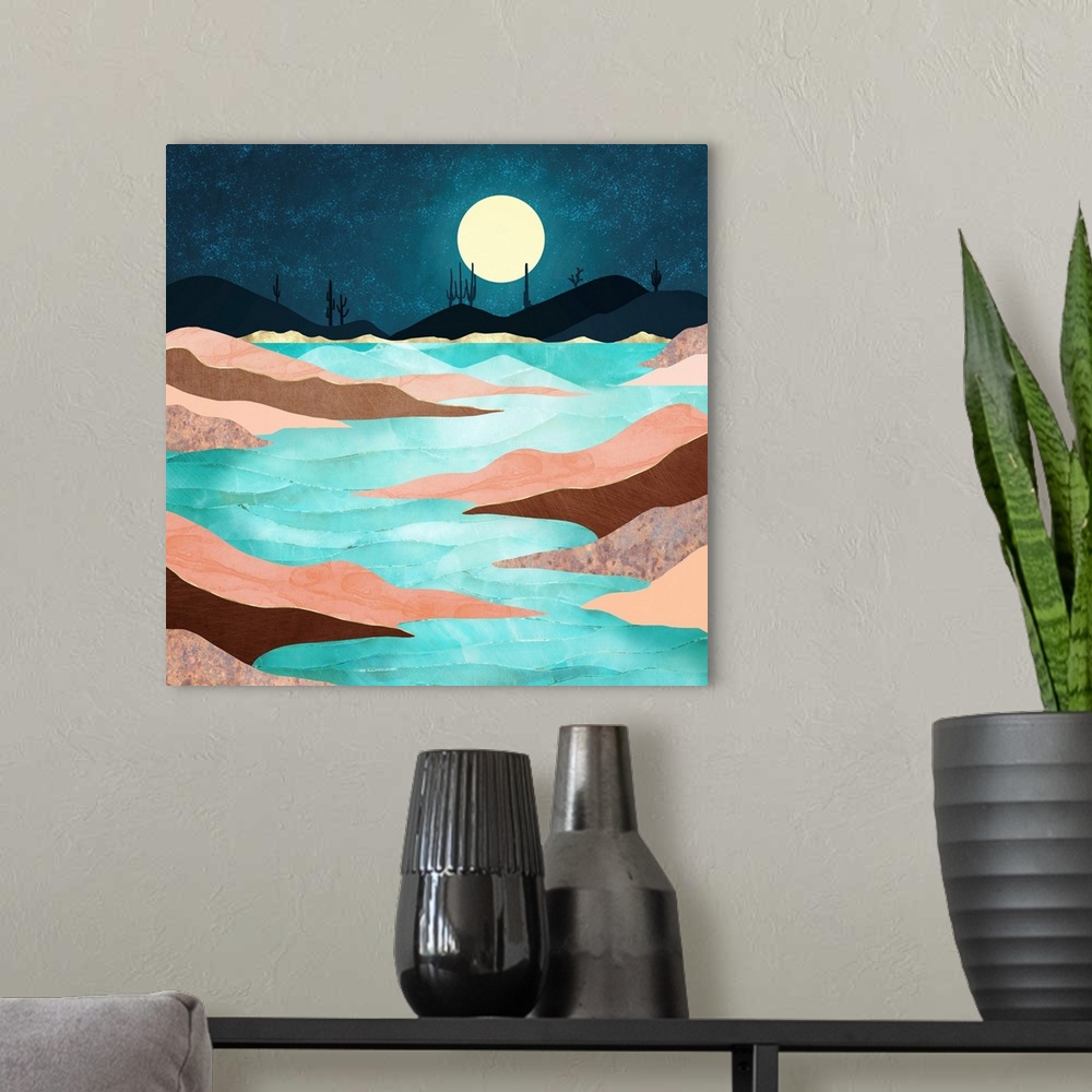 A modern room featuring Abstract desert reservoir landscape with stars, cacti, mountains, gold, brown, pink and water.
