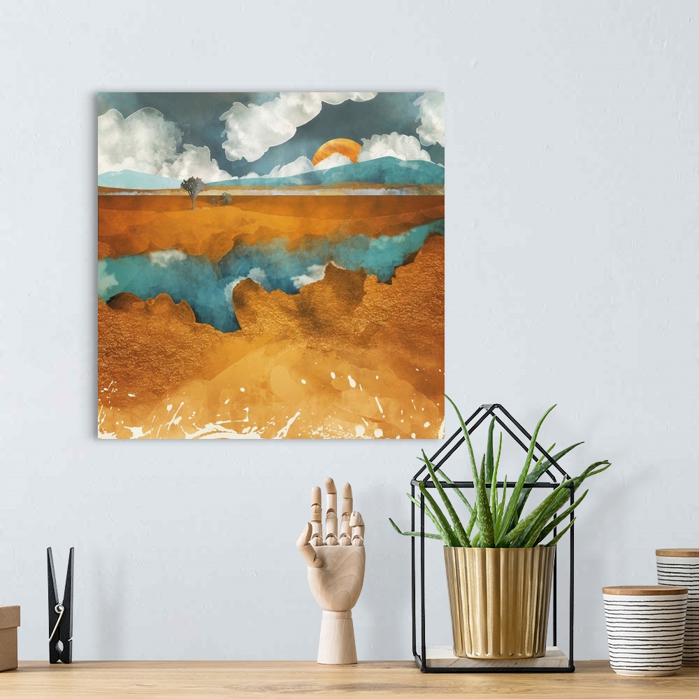 A bohemian room featuring Abstract depiction of a desert river with trees, water, clouds and blue.