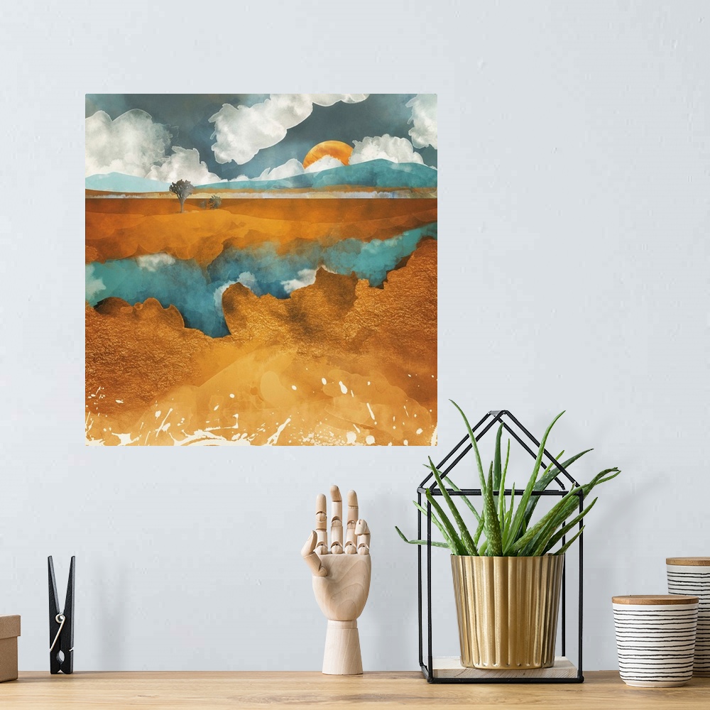 A bohemian room featuring Abstract depiction of a desert river with trees, water, clouds and blue.
