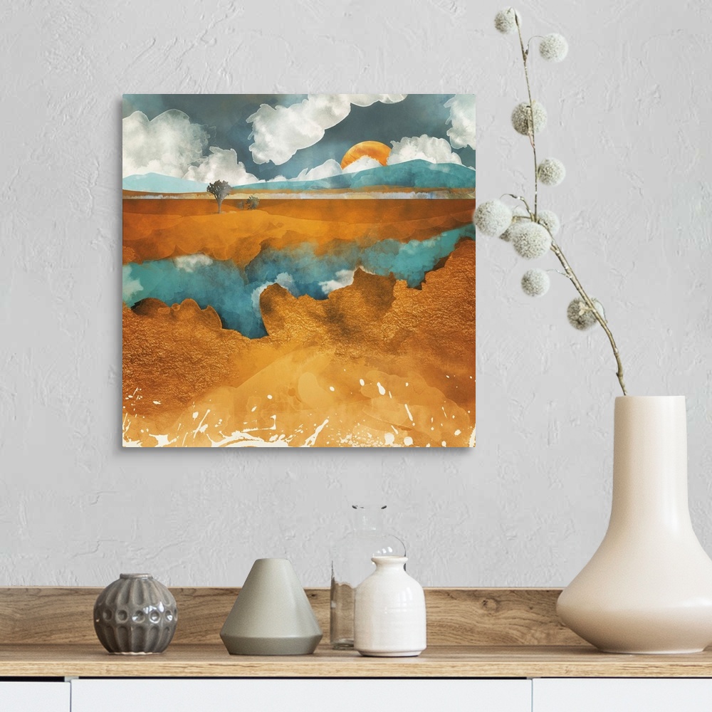 A farmhouse room featuring Abstract depiction of a desert river with trees, water, clouds and blue.
