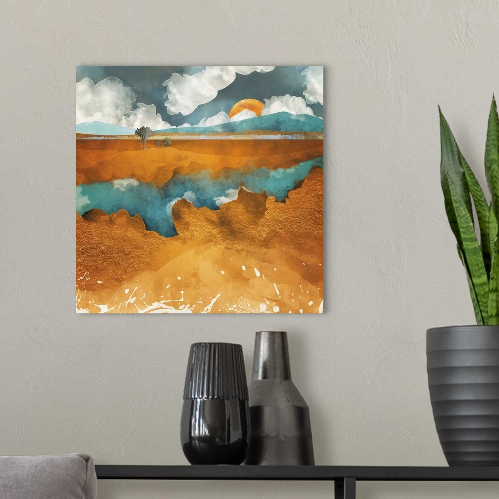 A modern room featuring Abstract depiction of a desert river with trees, water, clouds and blue.