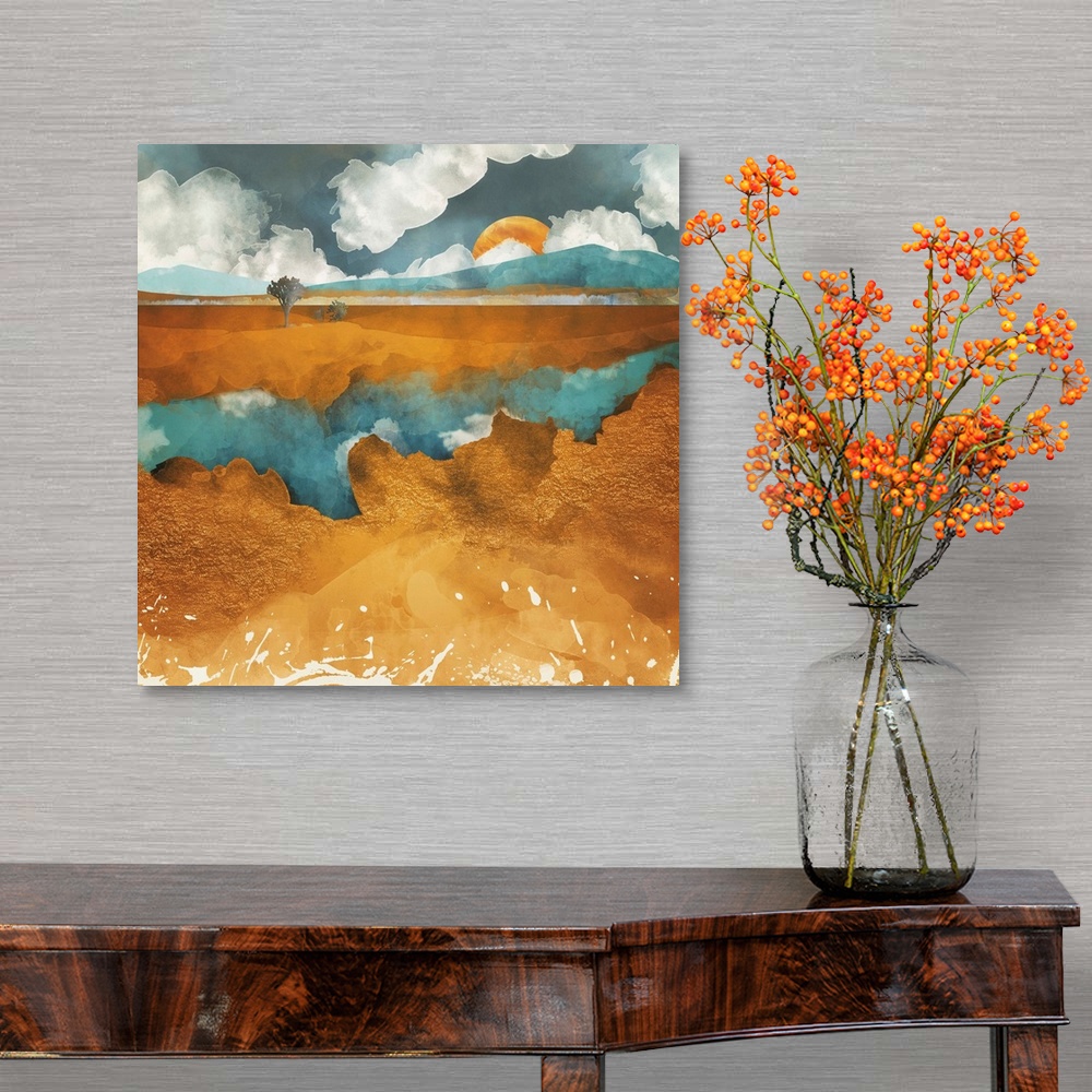 A traditional room featuring Abstract depiction of a desert river with trees, water, clouds and blue.