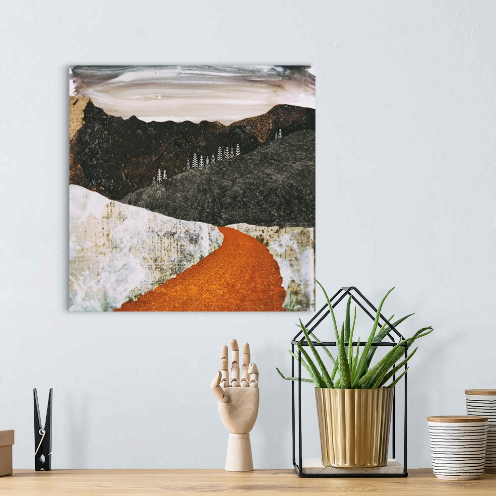 A bohemian room featuring Abstract depiction of desert snow scene with mountains, trees and texture.