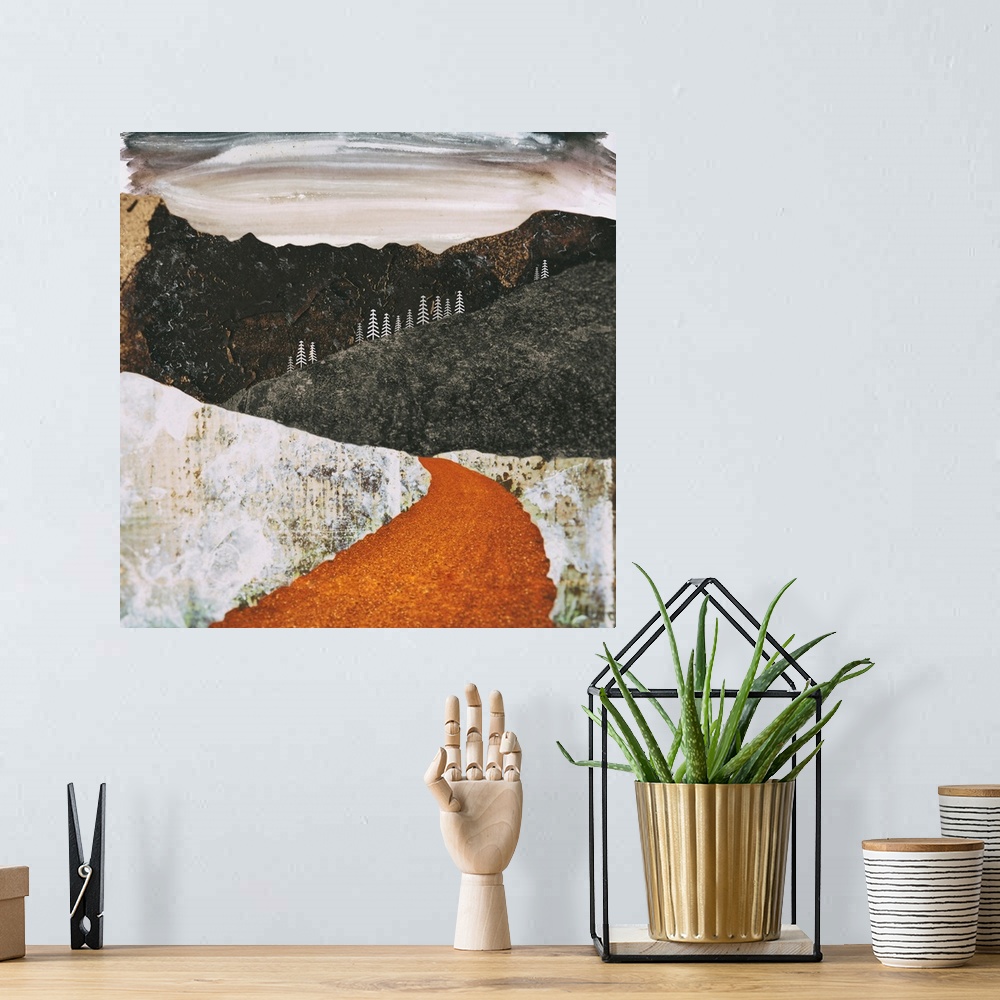 A bohemian room featuring Abstract depiction of desert snow scene with mountains, trees and texture.