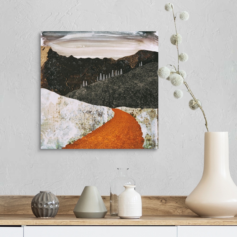 A farmhouse room featuring Abstract depiction of desert snow scene with mountains, trees and texture.