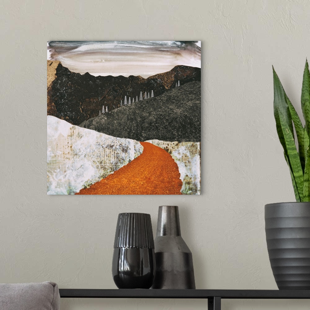 A modern room featuring Abstract depiction of desert snow scene with mountains, trees and texture.