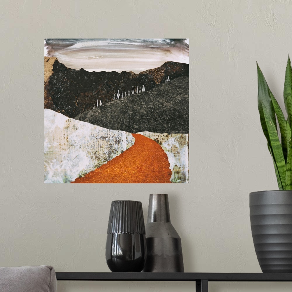 A modern room featuring Abstract depiction of desert snow scene with mountains, trees and texture.
