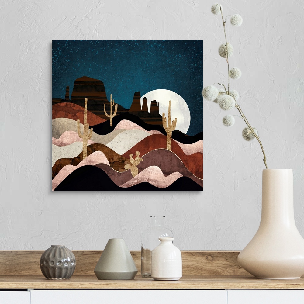 A farmhouse room featuring Abstract desert landscape with stars, cacti, mountains, gold, brown and pink.