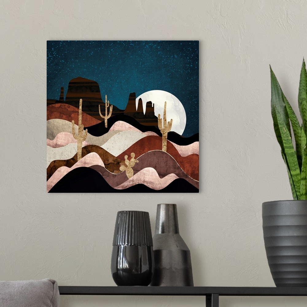 A modern room featuring Abstract desert landscape with stars, cacti, mountains, gold, brown and pink.