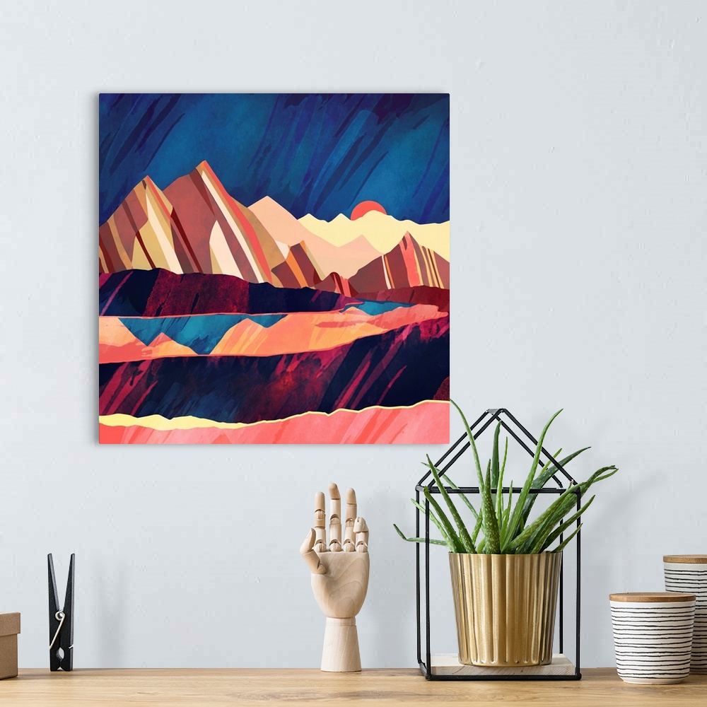 A bohemian room featuring Abstract depiction of a desert landscape with bold colors.