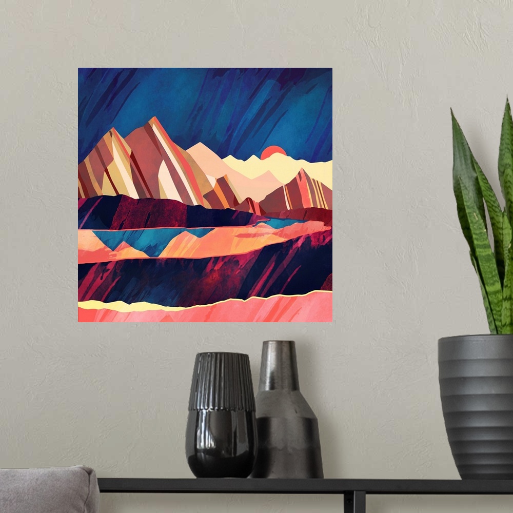 A modern room featuring Abstract depiction of a desert landscape with bold colors.