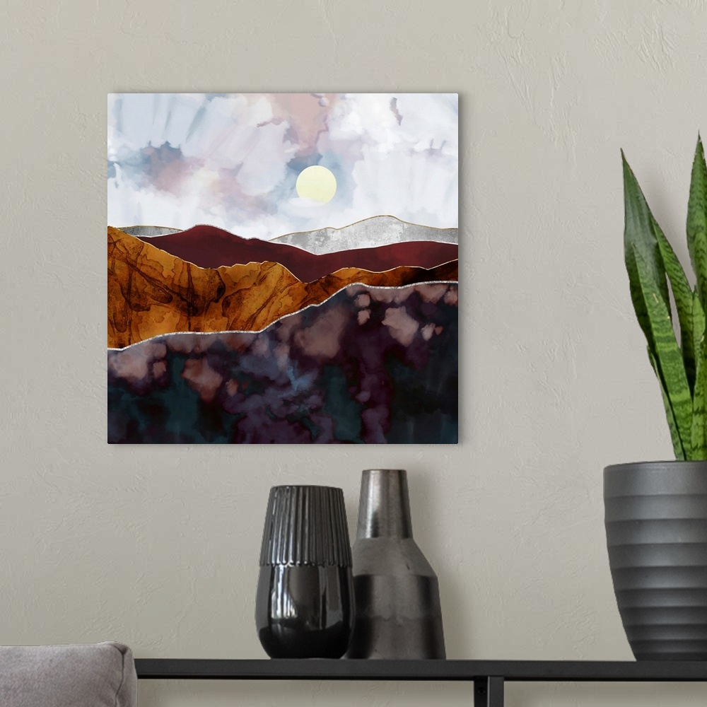 A modern room featuring Abstract depiction of landscape with light off in the distance and mountains.
