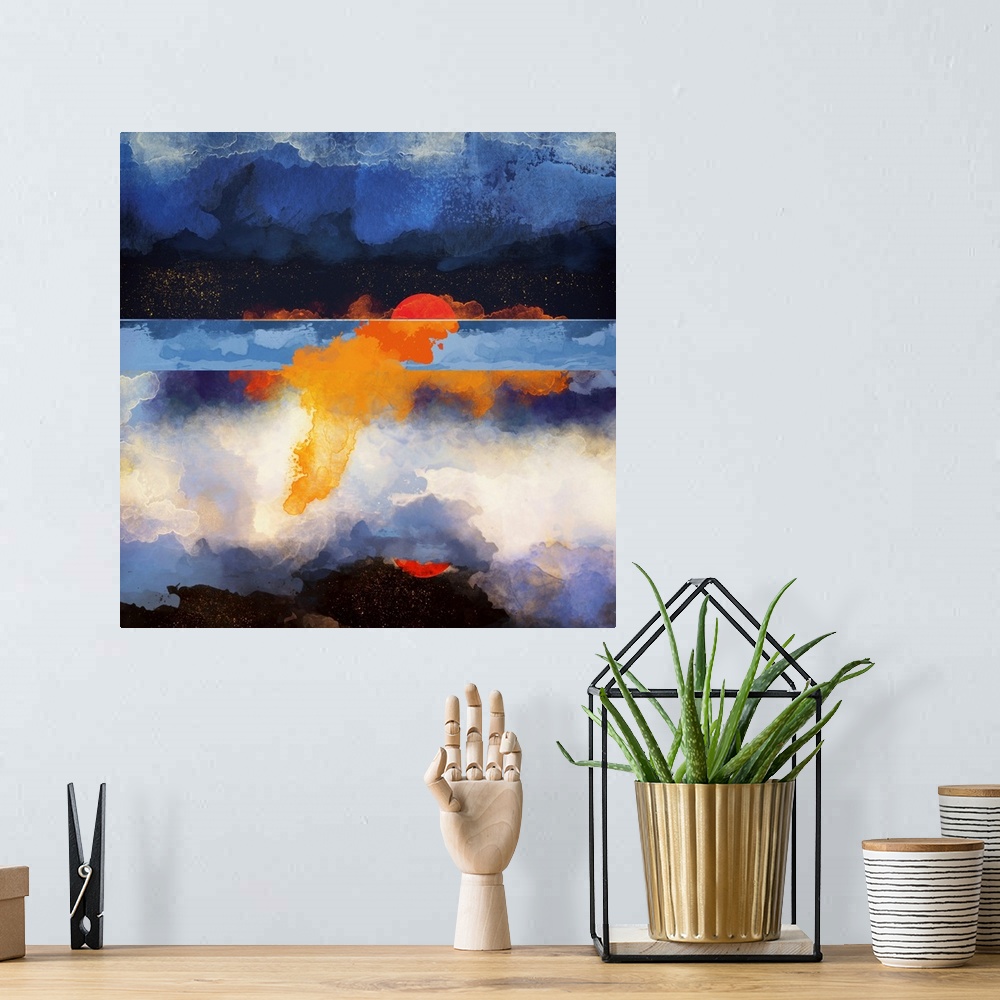 A bohemian room featuring Abstract depiction of a reflection at dusk with water, blue, orange and white.