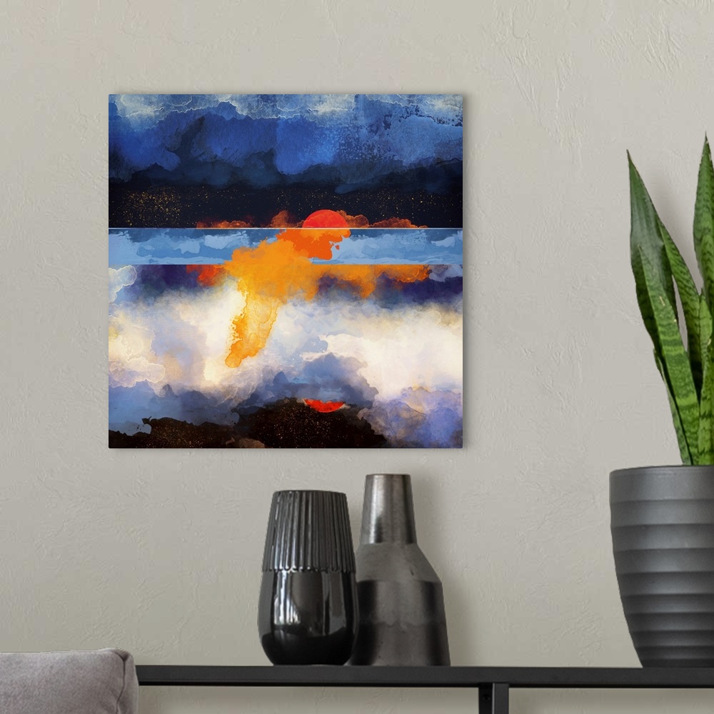 A modern room featuring Abstract depiction of a reflection at dusk with water, blue, orange and white.