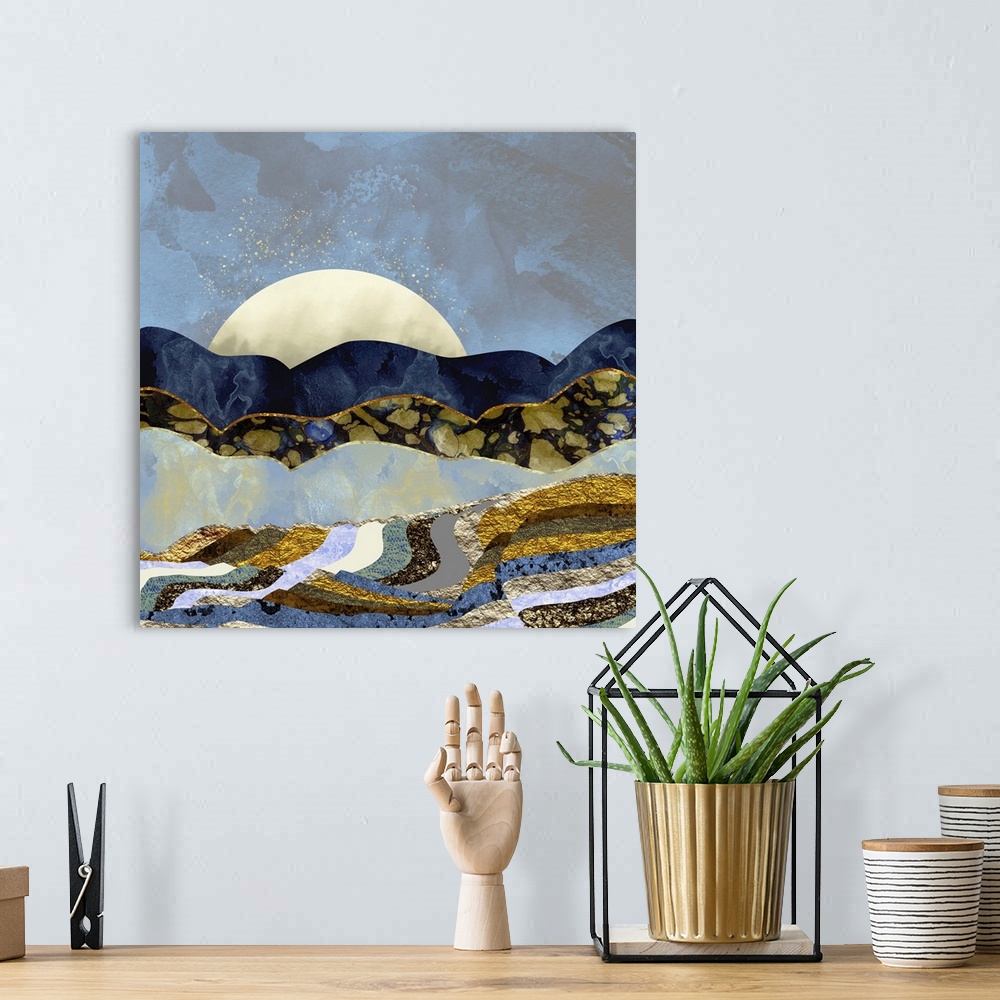 A bohemian room featuring Abstract depiction of a landscape with fire flies in the sky, hills and texture.