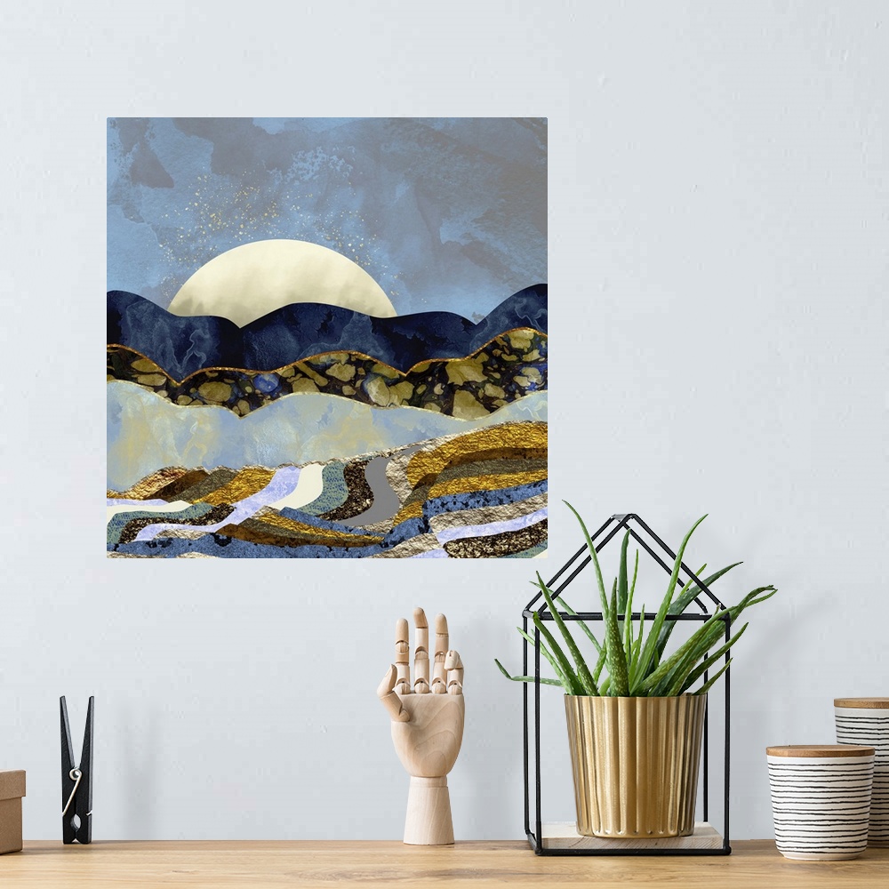 A bohemian room featuring Abstract depiction of a landscape with fire flies in the sky, hills and texture.