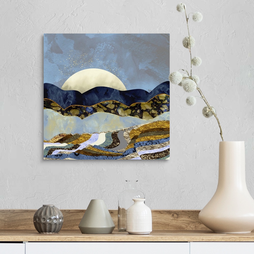 A farmhouse room featuring Abstract depiction of a landscape with fire flies in the sky, hills and texture.