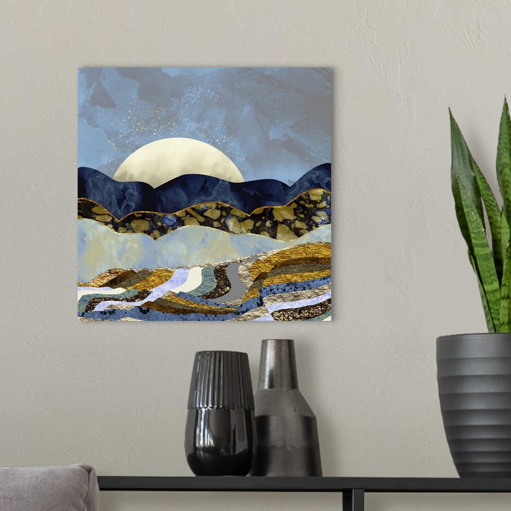A modern room featuring Abstract depiction of a landscape with fire flies in the sky, hills and texture.
