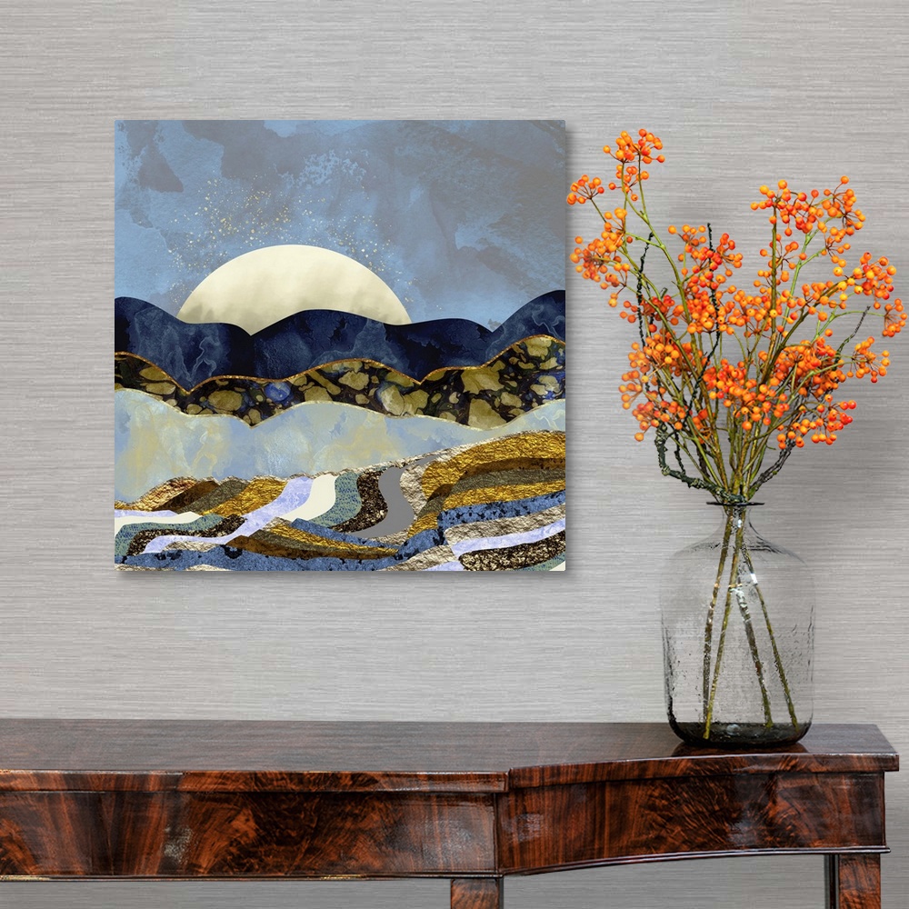 A traditional room featuring Abstract depiction of a landscape with fire flies in the sky, hills and texture.