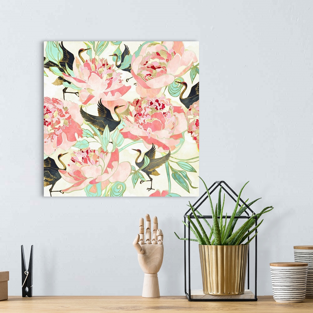 A bohemian room featuring Abstract floral pattern with cranes, leaves, petals, pink, green and gold.