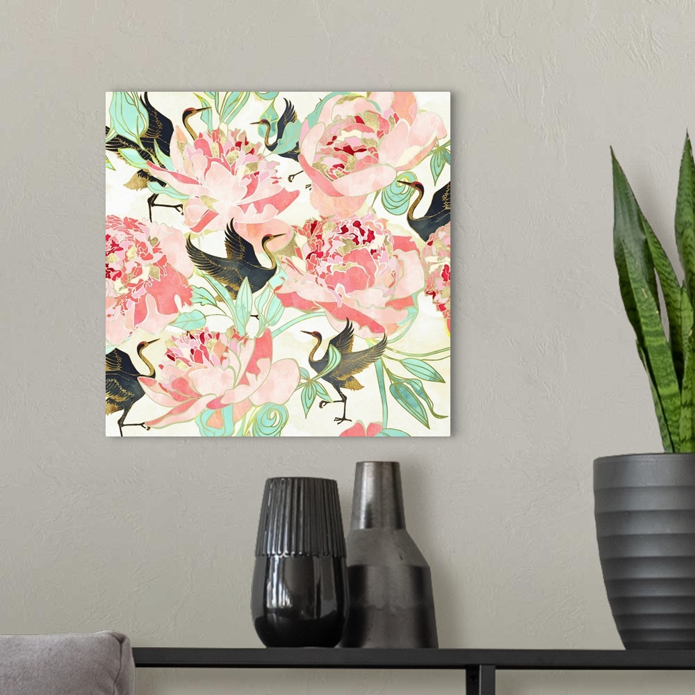 A modern room featuring Abstract floral pattern with cranes, leaves, petals, pink, green and gold.