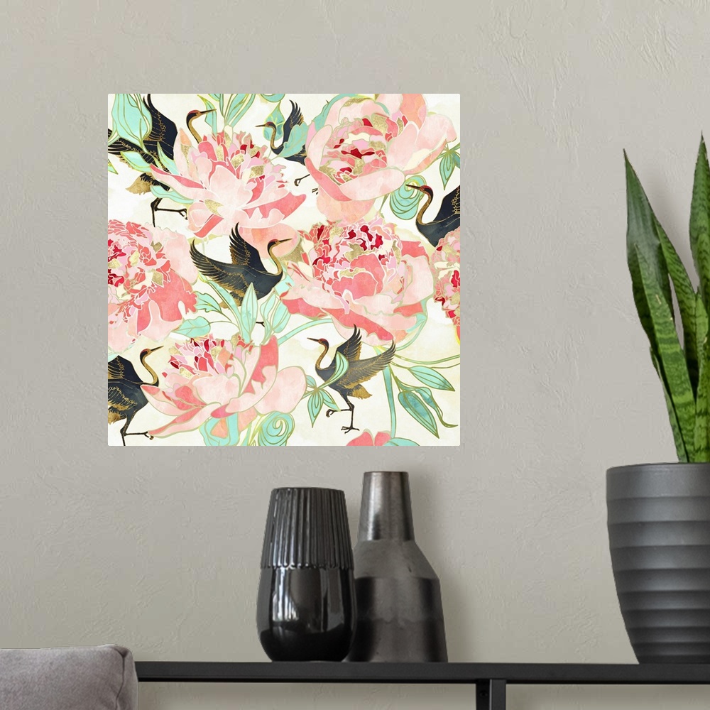 A modern room featuring Abstract floral pattern with cranes, leaves, petals, pink, green and gold.