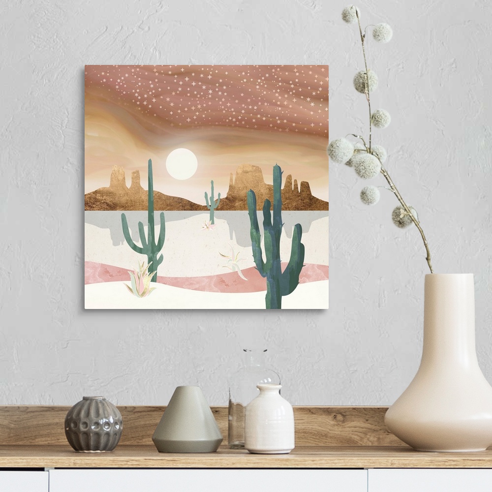 A farmhouse room featuring Abstract desert scene featuring a honey sky, mountains, stars, gold, cactus, pink and green.