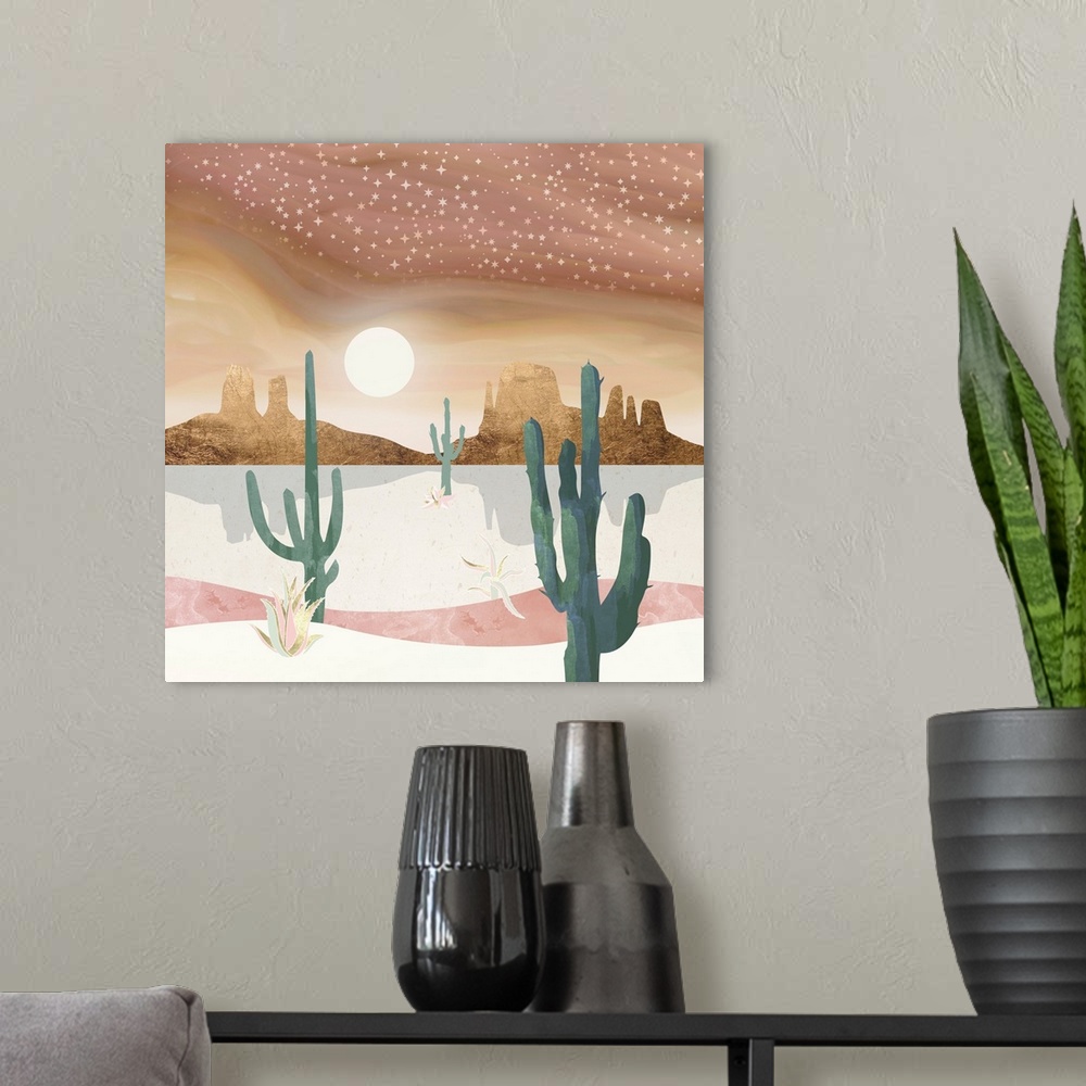 A modern room featuring Abstract desert scene featuring a honey sky, mountains, stars, gold, cactus, pink and green.