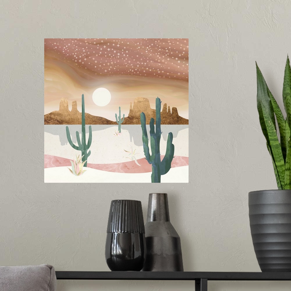 A modern room featuring Abstract desert scene featuring a honey sky, mountains, stars, gold, cactus, pink and green.