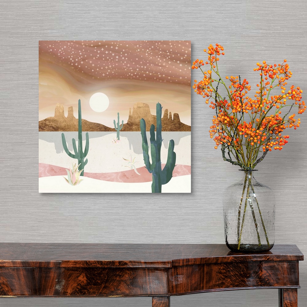 A traditional room featuring Abstract desert scene featuring a honey sky, mountains, stars, gold, cactus, pink and green.