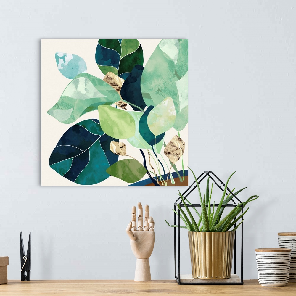 A bohemian room featuring Abstract depiction of a house plant with indigo, gold, green, teal, sage and brown.